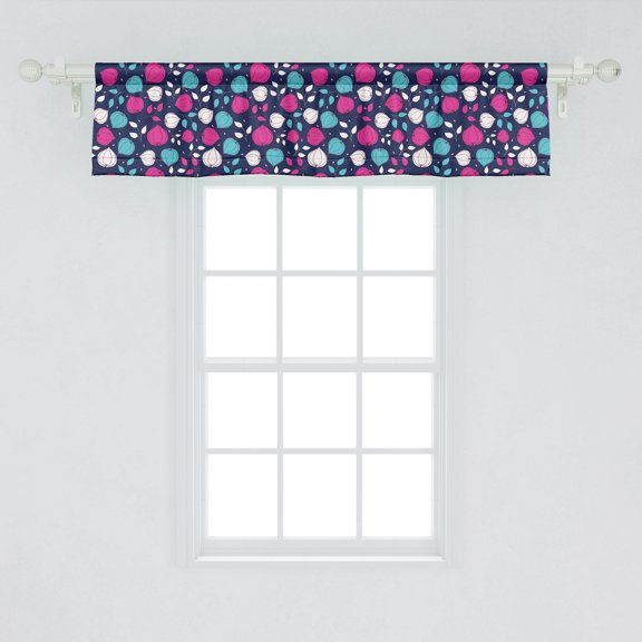 Ambesonne Floral Window Valance, Physalis Flowers and Leaves on a Blue Background Nature Art, Curtain Valance for Kitchen Bedroom Decor with Rod Pocket, 54" X 12", Dark Blue Pink