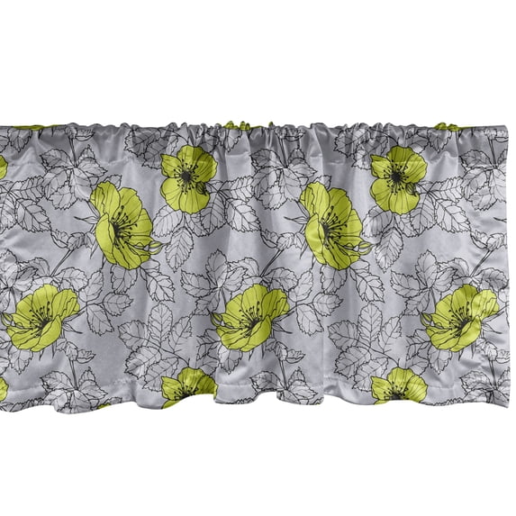 Ambesonne Floral Window Valance, Repetitive Pattern of Poppy Flowers and Greyscale Toned Leaves, Curtain Valance for Kitchen Bedroom Decor with Rod Pocket, 54" X 18", Pale Taupe and Yellow Green