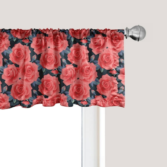 Ambesonne Floral Window Valance, Romantic Roses for Lovers Valentines Shabby Perennial Flower Buds Pattern, Curtain Valance for Kitchen Bedroom Decor with Rod Pocket, 54" X 12", Dark Coral Dark Blue