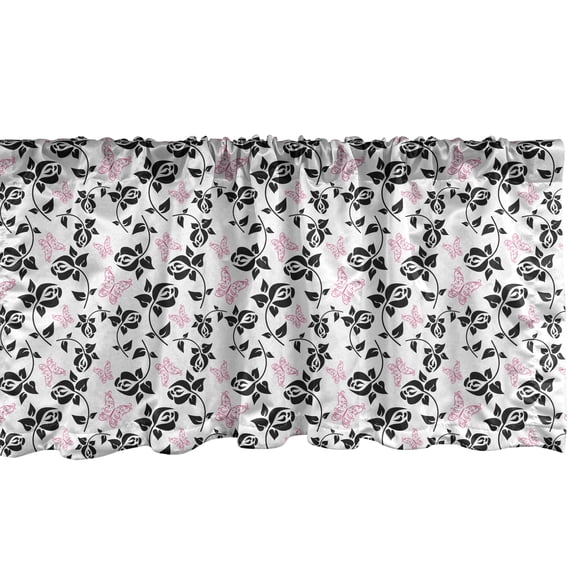 Ambesonne Floral Window Valance, Rose Twigs and Butterflies, 42" x 18", Charcoal Grey Pink White