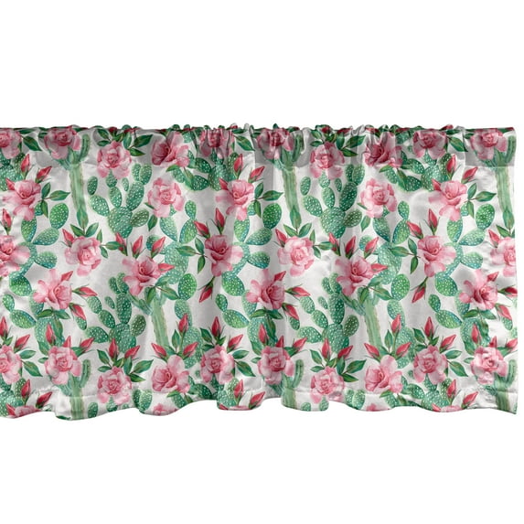 Ambesonne Floral Window Valance, Rosebuds with Cactus Art, 54" X 12", Fern Green Pastel Pink