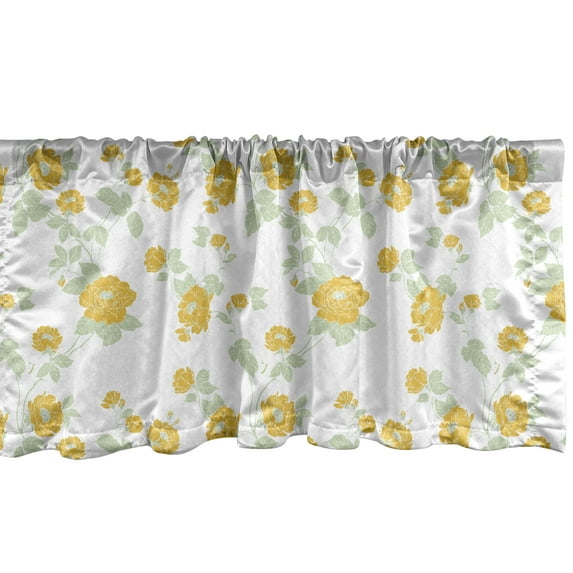 Ambesonne Floral Window Valance, Simplistic Yellow Wild Roses Blossoming Illustration on Plain Background, Curtain Valance for Kitchen Bedroom Decor with Rod Pocket, 54" X 12", Mustard and Pale Green