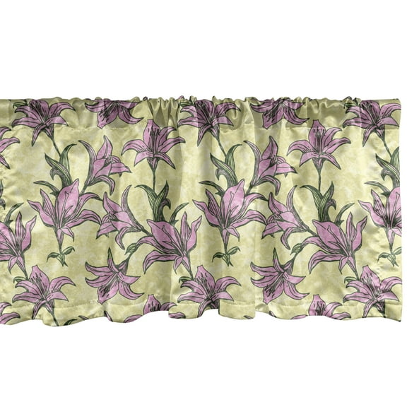 Ambesonne Floral Window Valance, Sketchy Illustration of Blooming Lilies Pattern with Grunge Effect, Curtain Valance for Kitchen Bedroom Decor with Rod Pocket, 54" X 12", Pale Green Dark Green