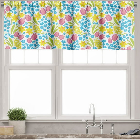 Ambesonne Floral Window Valance, Spring Daffodil Tulip Mimosa, 54" X 18", White and Multicolor