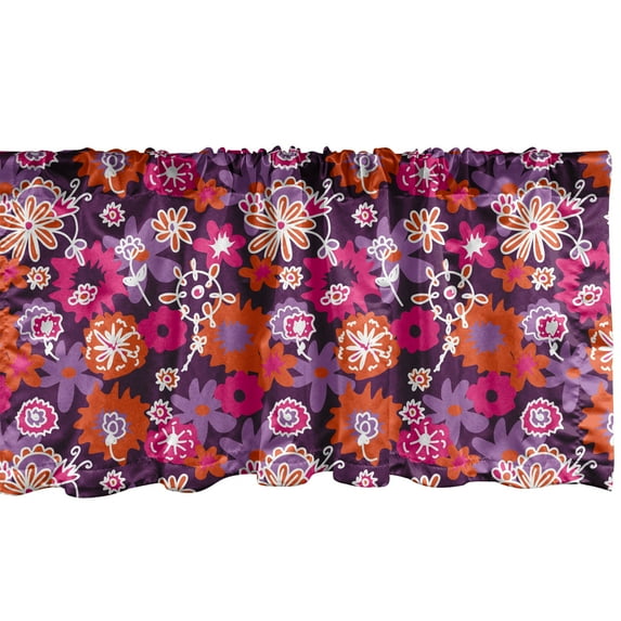 Ambesonne Floral Window Valance, Spring Flowers Retro Style Outlined with White Lines Illustration, Curtain Valance for Kitchen Bedroom Decor with Rod Pocket, 54" X 12", Dark Purple Magenta