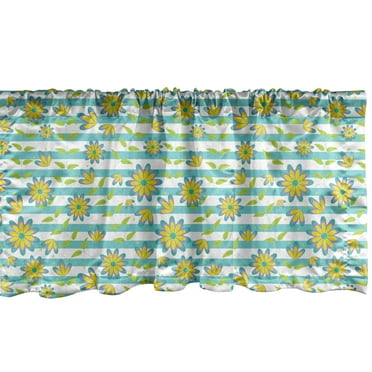Ambesonne Floral Window Valance, Summer Flowers and Leaves on Striped Background, Curtain Valance for Kitchen Bedroom Decor with Rod Pocket, 54" X 18", Seafoam Mustard