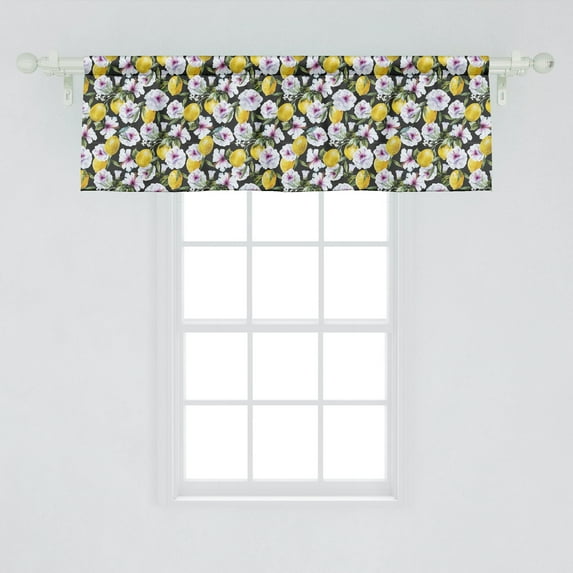 Ambesonne Floral Window Valance, Tropical Hibiscus Blossoms Petals with Lemons Nature Harvest Spring Essence Image, Curtain Valance for Kitchen Bedroom Decor with Rod Pocket, 54" X 18", Multicolor