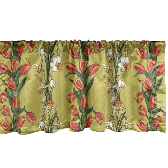 Ambesonne Floral Window Valance, Tulips and Daffodils Pattern, 54" X 18", Khaki Multicolor