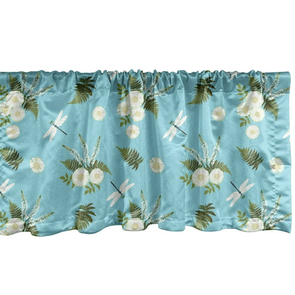 Ambesonne Floral Window Valance, Vintage Daisies Dragonflies, 54" X 12", White Green and Blue