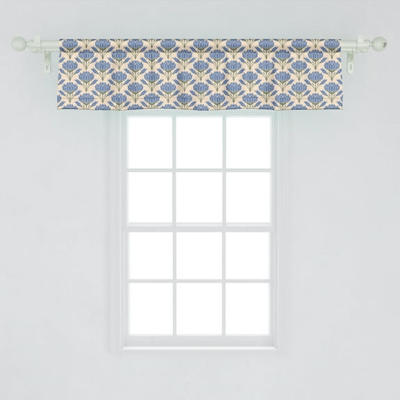 Ambesonne Floral Window Valance, Vintage Pattern of Symmetric Flowers with Buds and Peduncle, Curtain Valance for Kitchen Bedroom Decor with Rod Pocket, 54" X 12", Champagne Dark Ceil Blue
