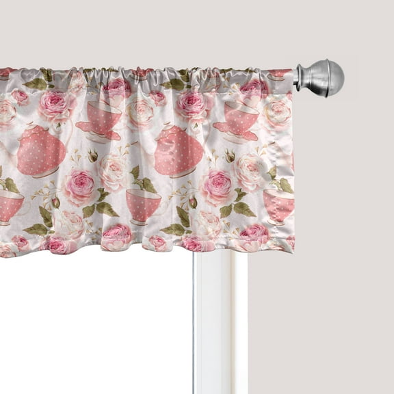 Ambesonne Floral Window Valance, Vintage Tea Cups Roses, 42" x 12", Fern Green Pale Pink