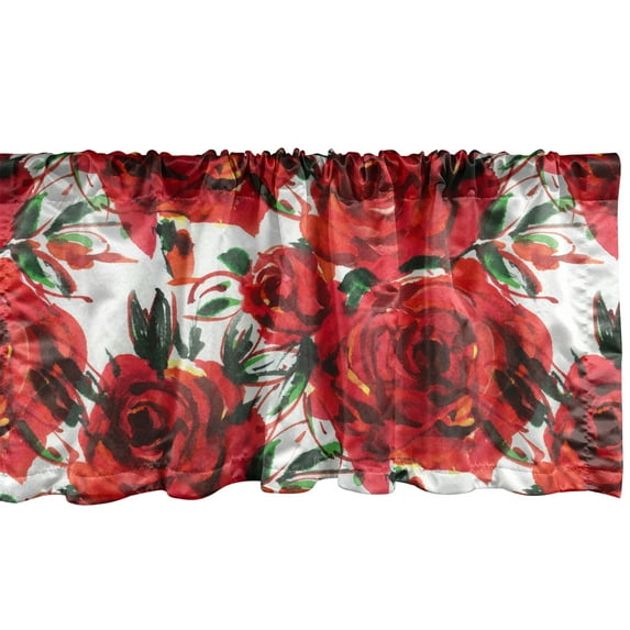 Ambesonne Floral Window Valance with Rod Pocket, Red Roses Romantic Pattern, 54" X 18", Dark Coral and Fern Green