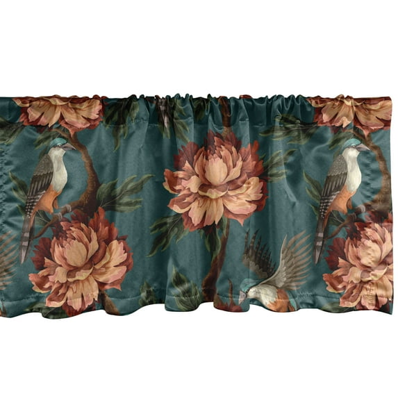 Ambesonne Floral Window Valance with Rod Pocket, Roses Birds Peonies Vintage, 54" x 12", Paprika and Olive Green