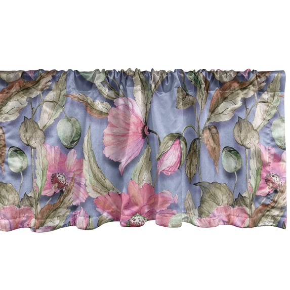 Ambesonne Floral Window Valance with Rod Pocket, Watercolor Poppy Botanical, 54" x 12", Pastel Pink Sepia and Blue