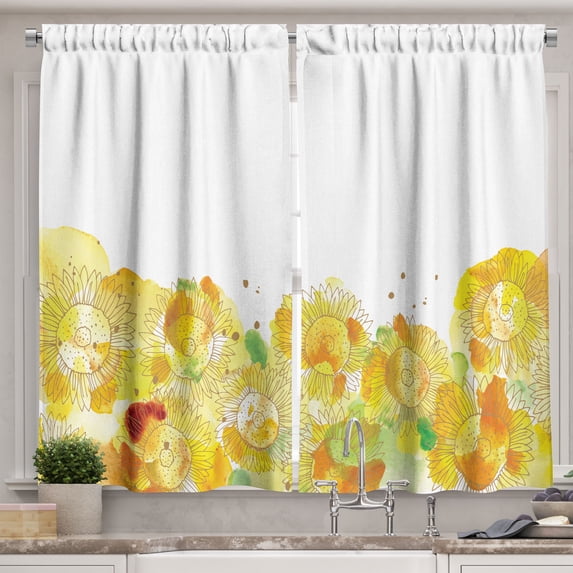Ambesonne Floral Yellow Kitchen Curtains, Watercolor Sunflowers, 55"x45", Yellow Apricot