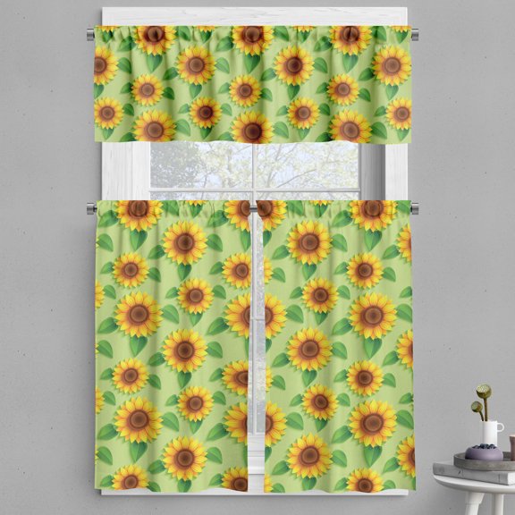 Ambesonne Floral Yellow Valance & Curtain, Summer Sunflowers Art, 55"x24", Pistachio Green Redbrown