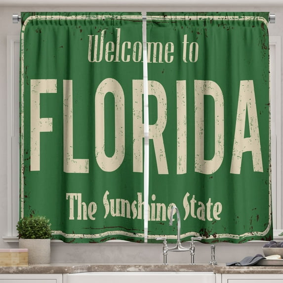 Ambesonne Florida Kitchen Curtains, Old Rusty Road Sign, 55"x45", Fern Green and Beige
