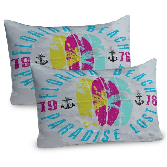 Ambesonne Florida Pillow Sham 2 Pack, Weathered Surfboards, 30"x20", Pale Grey and Multicolor