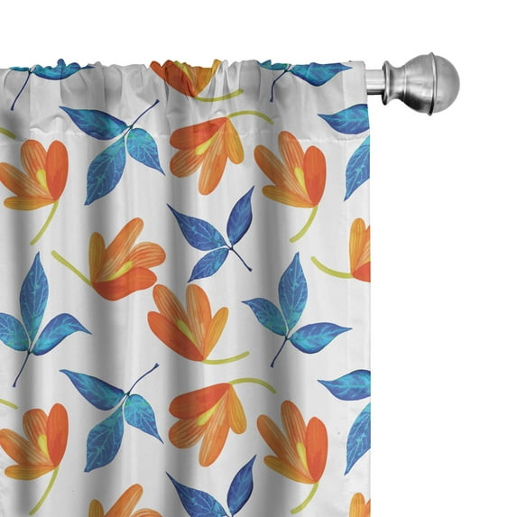 Ambesonne Flower Window Curtains, Blooming Petal and Leaf, Each 28" W x 95" L, Pale Orange Cobalt Blue