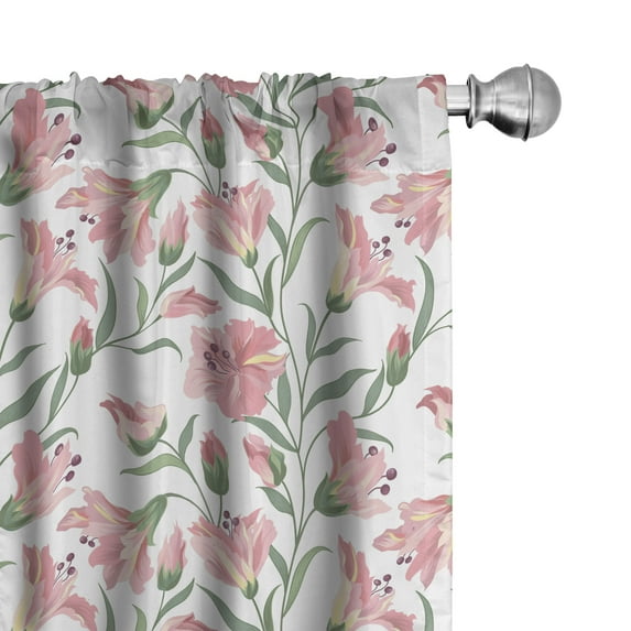 Ambesonne Flower Window Curtains, Flourishing Wild Blooms, Each 28" W x 63" L, Reseda Green Pale Pink