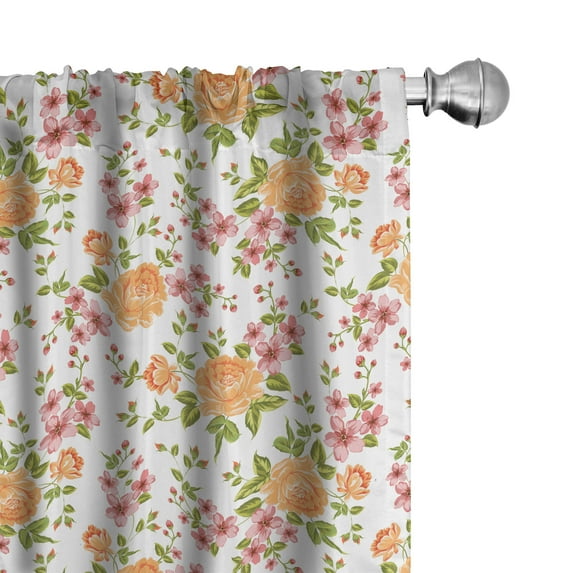 Ambesonne Flower Window Curtains, Peony Poppy Bridal Theme, Each 28" W x 63" L, Pale Orange Green Rose