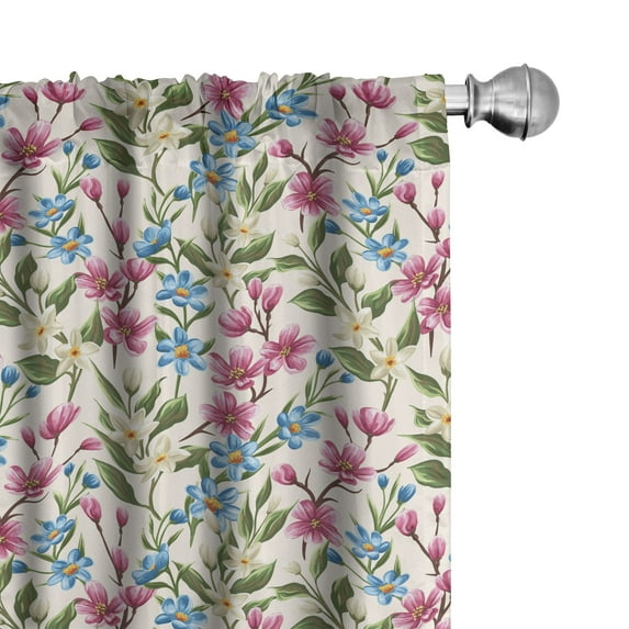 Ambesonne Flower Window Curtains, Shabby Plant Leaves Buds, Each 28" W x 63" L, Pink and Blue