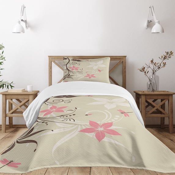 Ambesonne Flower Art Quilted Bedspread Set 2 Pcs, Flying Dragonflies, Twin Size, Brown Tan