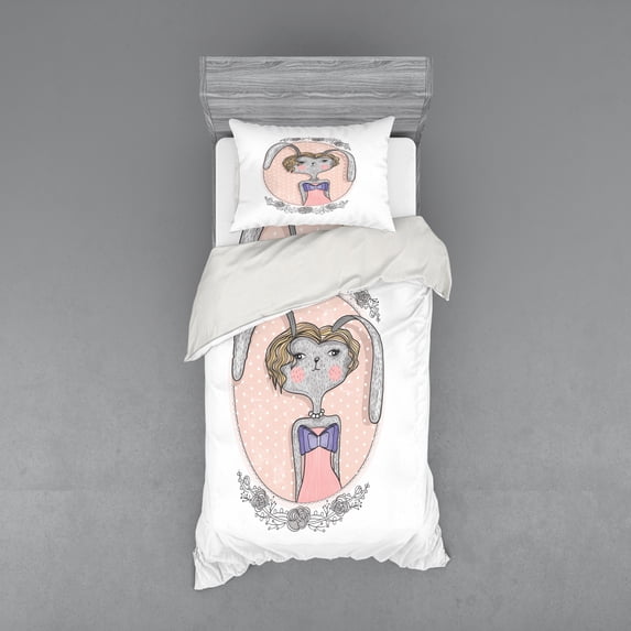 Ambesonne Flower Bedding Set 3 Pcs, Bunny Portrait, Twin, Multicolor