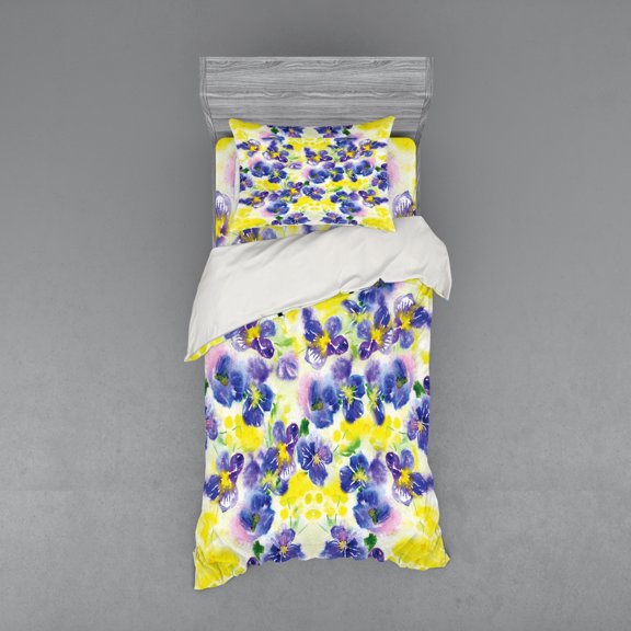 Ambesonne Flower Bedding Set 3 Pcs, Butterfly Violet Field, Twin, Yellow Purple