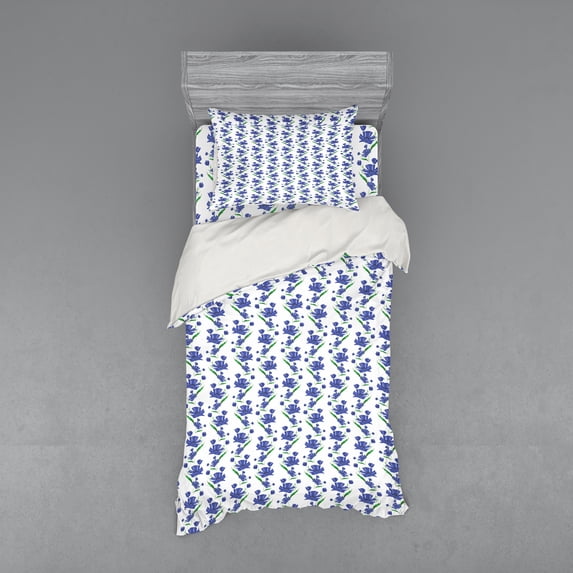 Ambesonne Flower Bedding Set 3 Pcs, Cornflower Shabby Art, Twin XL, Violet Blue Forest Green