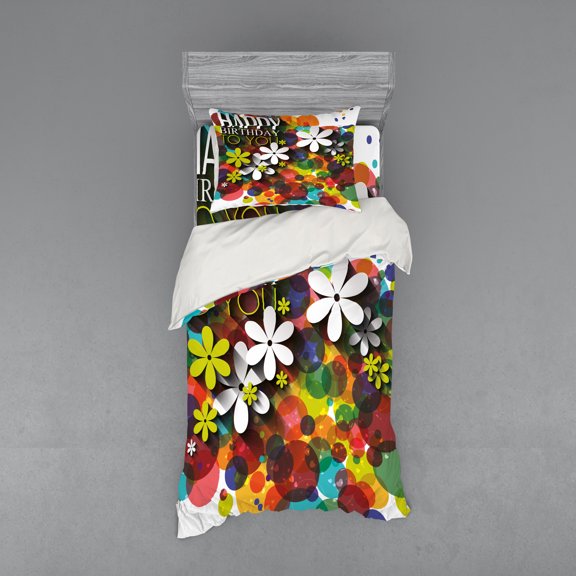 Ambesonne Flower Bedding Set 3 Pcs, Daisies Dots Best Wish, Twin XL, Multicolor