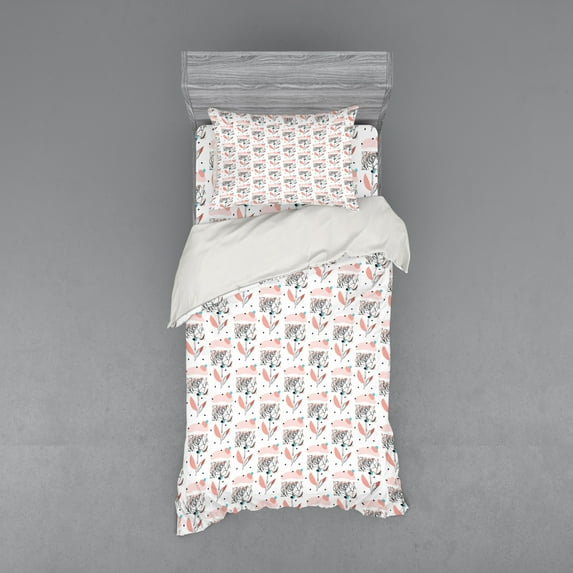 Ambesonne Flower Bedding Set 3 Pcs, Doodle Modern Peony, Twin, Charcoal Grey Blush