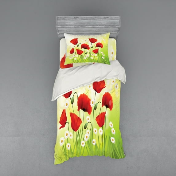 Ambesonne Flower Bedding Set 3 Pcs, Floral Chamomile Poppy, Twin XL, Red Green