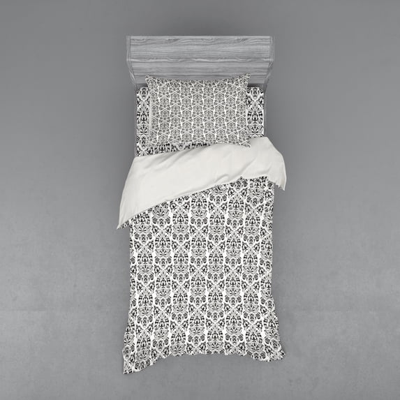 Ambesonne Flower Bedding Set 3 Pcs, Floral Paisley Oriental, Twin XL, Black White