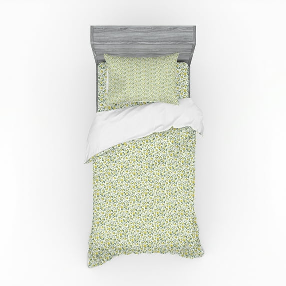 Ambesonne Flower Bedding Set 3 Pcs, Flourishing Country Flowers, Twin XL, Green Yellow and Cream