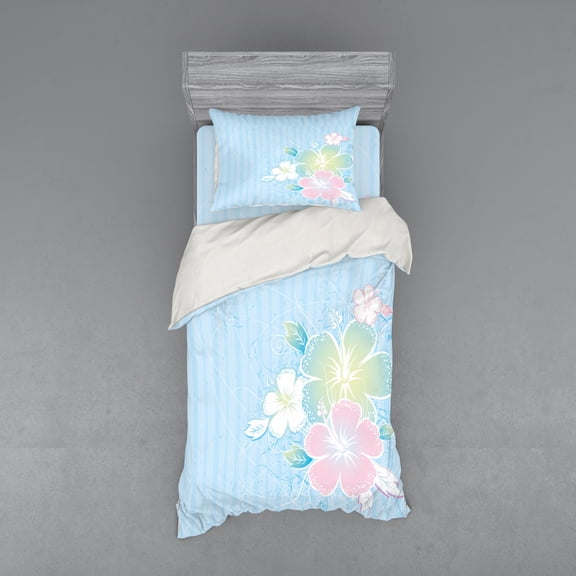 Ambesonne Flower Bedding Set 3 Pcs, Hibiscus Exotic Plant, Twin, Pale Blue Pale Pink
