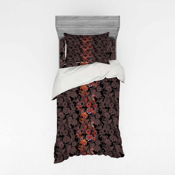 Ambesonne Flower Bedding Set 3 Pcs, Japanese Vivid Florals, Twin, Black Orange Mustard