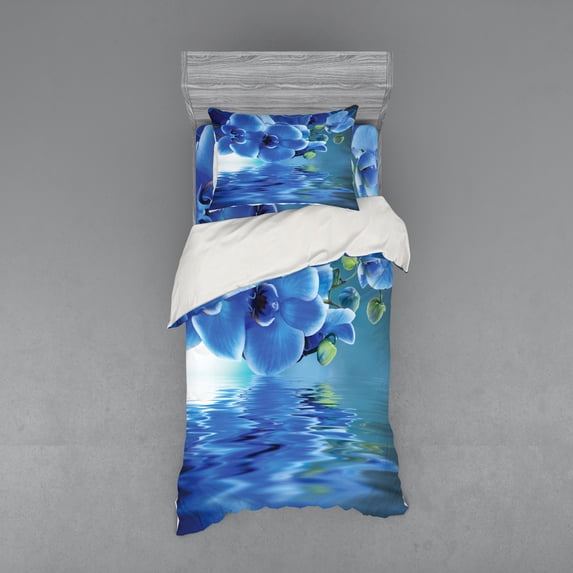 Ambesonne Flower Bedding Set 3 Pcs, Natural Orchids, Twin, Blue
