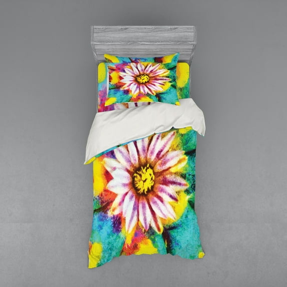 Ambesonne Flower Bedding Set 3 Pcs, Petal Floral Print Art, Twin, Turquoise and Pink