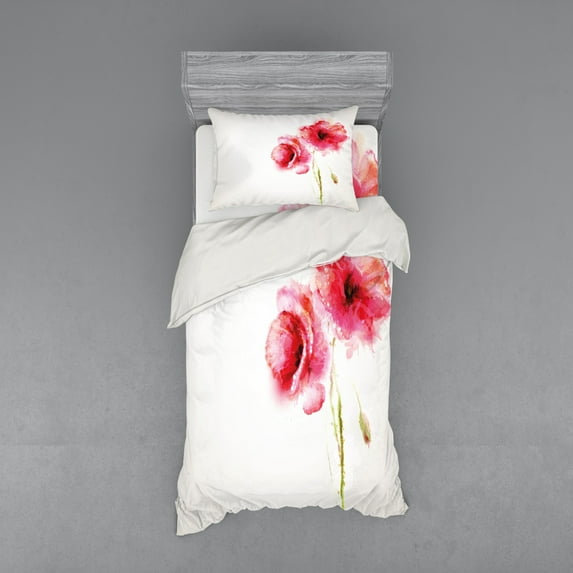 Ambesonne Flower Bedding Set 3 Pcs, Red Poppies Vivid Spring, Twin XL, Pale Green Hot Pink