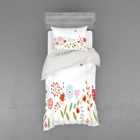 Ambesonne Flower Bedding Set 3 Pcs, Romantic Hearts Design, Twin, Multicolor