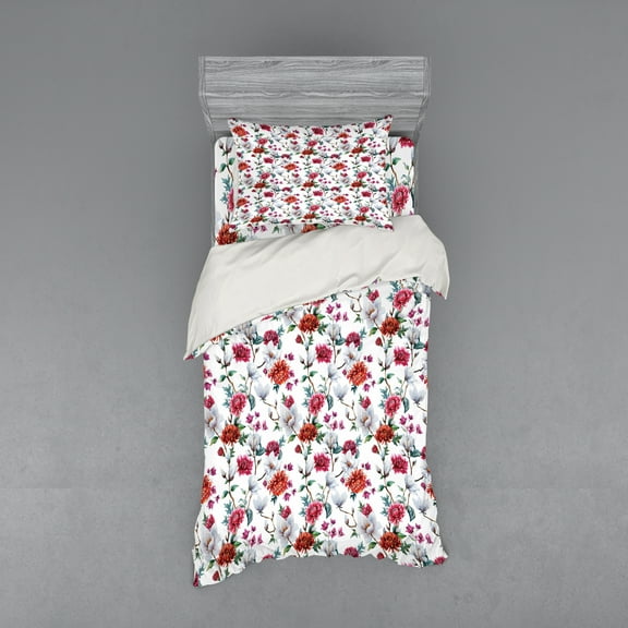 Ambesonne Flower Bedding Set 3 Pcs, Romantic Magnolia Nature, Twin, White Red Pink