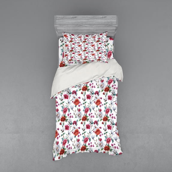 Ambesonne Flower Bedding Set 3 Pcs, Romantic Magnolia Nature, Twin, White Red Pink