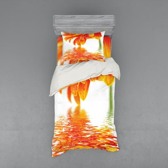 Ambesonne Flower Bedding Set 3 Pcs, Sun Flower Reflection, Twin, Orange
