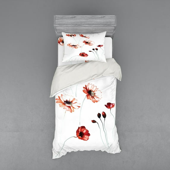 Ambesonne Flower Bedding Set 3 Pcs, Watercolor Nature, Twin XL, Orange White