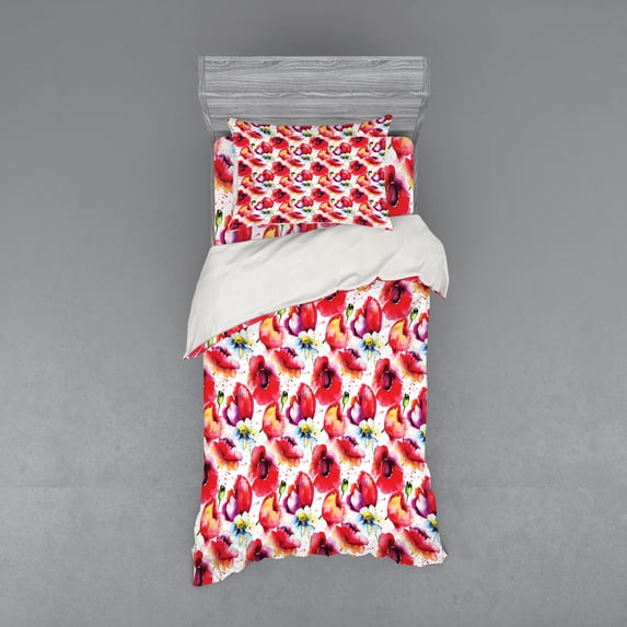 Ambesonne Flower Bedding Set 3 Pcs, Watercolor Romance Art, Twin XL, Blue Red