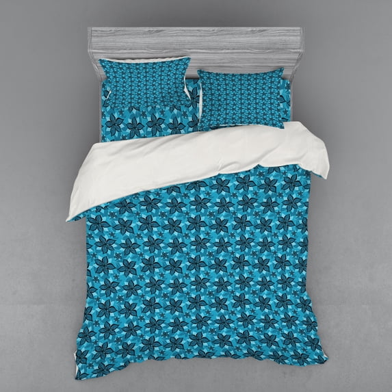 Ambesonne Flower Bedding Set 4 Pcs, Abstract Summer Design, Queen, Petrol Blue and Aqua