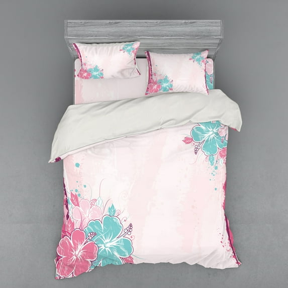 Ambesonne Flower Bedding Set 4 Pcs, Bouquet of Hibiscus Art, Queen, Turquoise Pale Pink