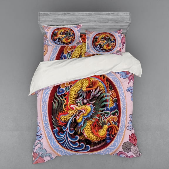 Ambesonne Flower Bedding Set 4 Pcs, Chinese Dragon Mythical, Queen, Yellow Blue