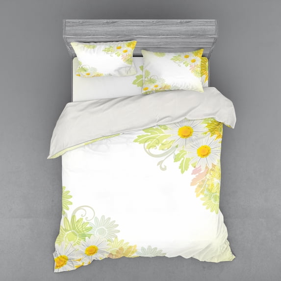 Ambesonne Flower Bedding Set 4 Pcs, Daisies Sun Like Art Print, Queen, White and Yellow